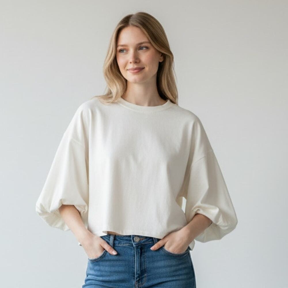 XS Tee T-Shirt Top Puff Balloon Sleeve Cropped White We The Free People Tee